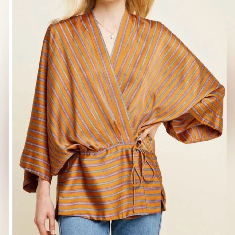 Hadyen Silky Stripe Wrap Tie Dual Side Slit Hemline Kimono Sunset Brown Large